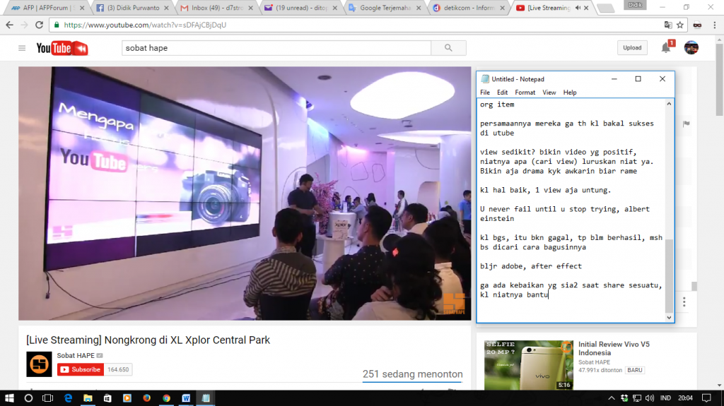 Live Streaming SobatHape di YouTube dari XL Experience Center Central Park Jakarta Barat. Sumber foto: Dokumen pribadi